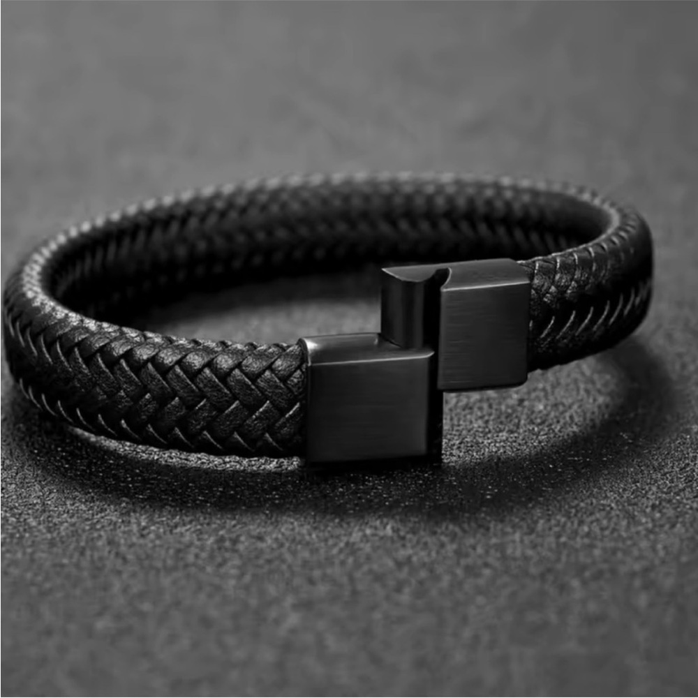 Men's Black Braided Leather Bracelet - Picture 6 of 10